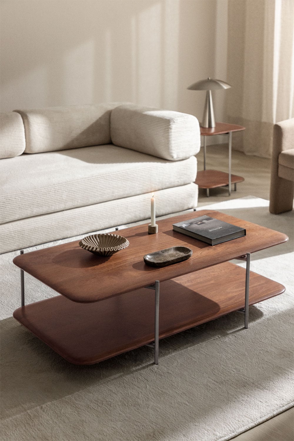 Table basse rectangulaire 120x60 cm en bois de manguier et acier inoxydable Vimara, image de la galerie 1