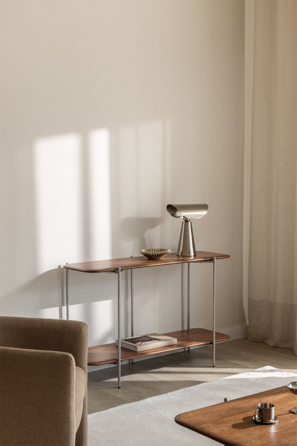 Console d'entrée 120x40 cm en bois de manguier et acier inoxydable Vimara, image de la galerie 1