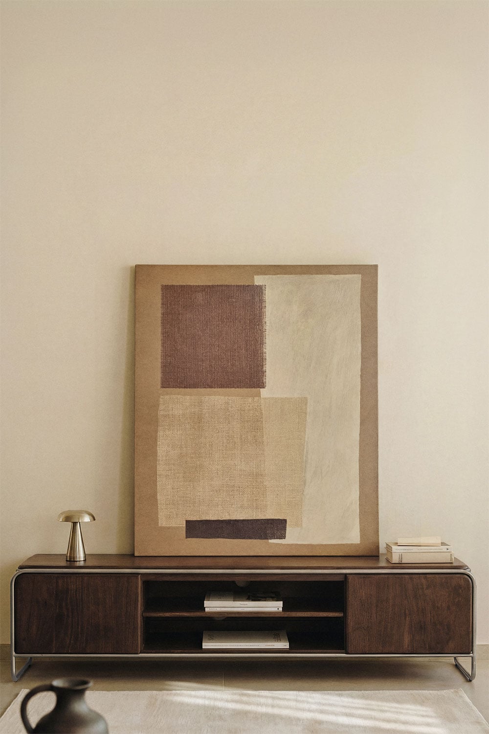 Meuble TV 160x40 cm en bois d'acacia foncé et acier inoxydable Altrex, image de la galerie 1