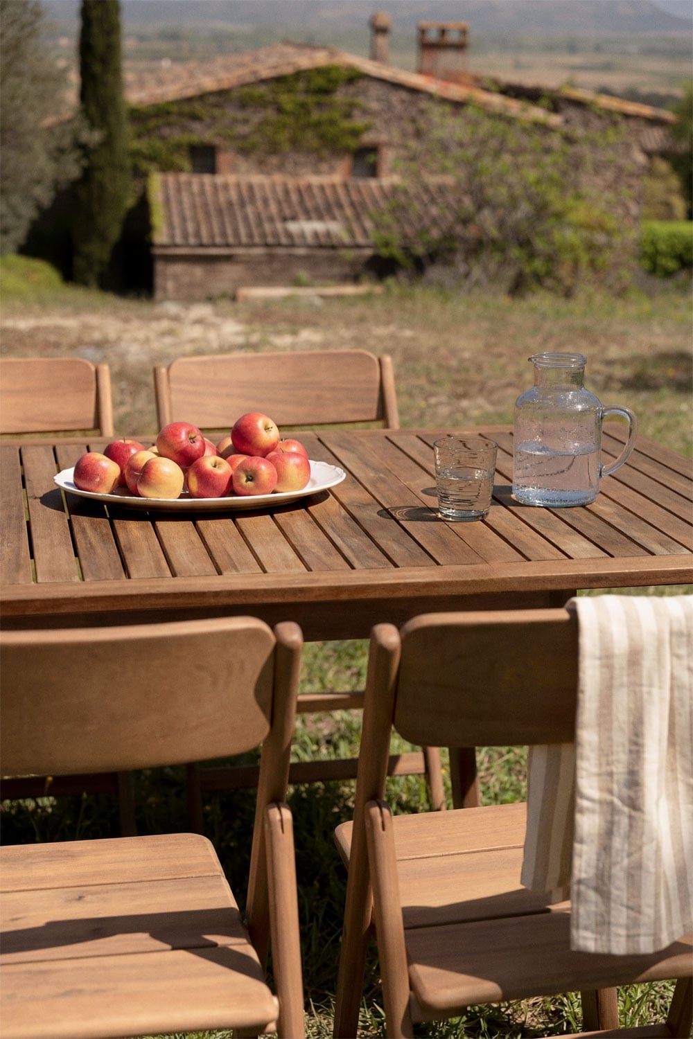 Set de table extensible 100-160x100 cm Karvia et 6 chaises de jardin pliantes en bois d'acacia Zayma, image de la galerie 2