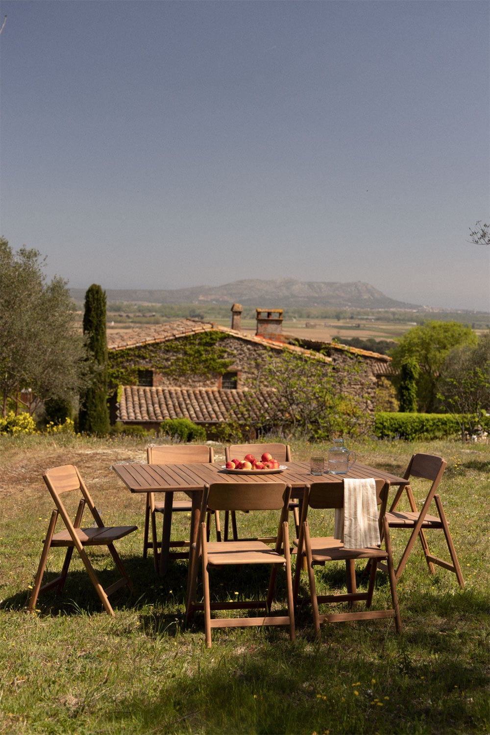 Set de table extensible 100-160x100 cm Karvia et 6 chaises de jardin pliantes en bois d'acacia Zayma, image de la galerie 1