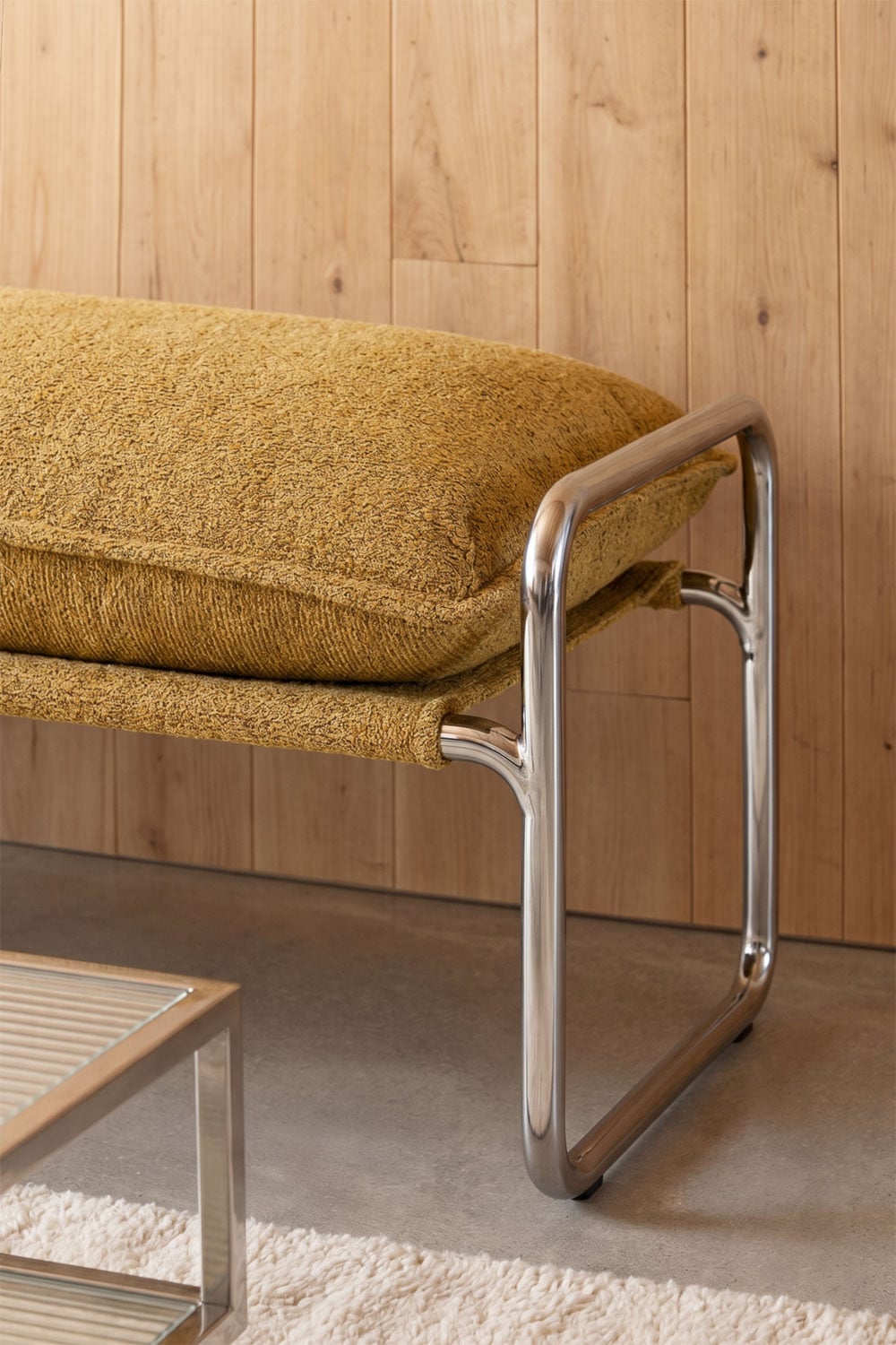 Banc 110 cm tapissé en bouclé jaune miel Matilda, image de la galerie 2