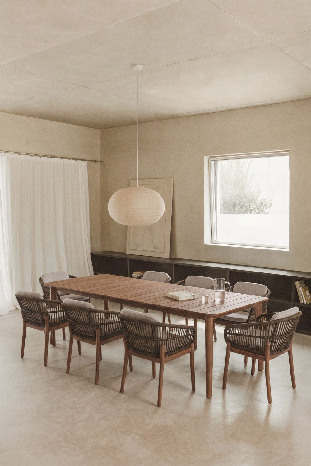 Set de table rectangulaire extensible Duala 250-310x105 cm et 8 chaises de salle à manger en bois d'acacia et corde tressée Karv, image de la galerie 1