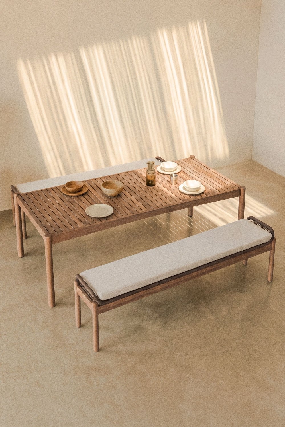 Banc 180 cm en bois d'acacia et corde tressée en tissu marron noisette Karvia, image de la galerie 1