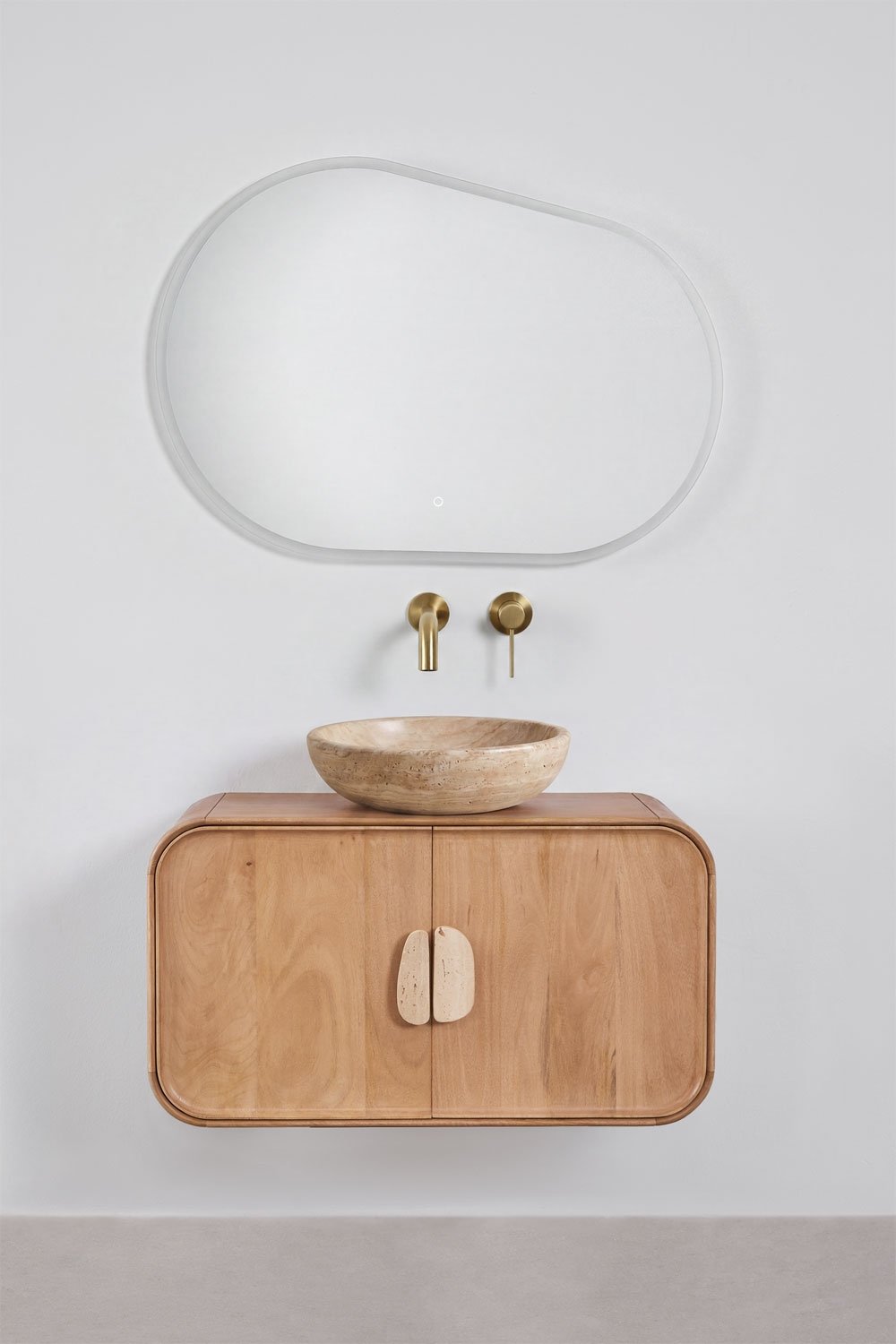 Ensemble de meuble de salle de bain suspendu 95x45 cm en bois de manguier et pierre naturelle Kivalina, image de la galerie 3