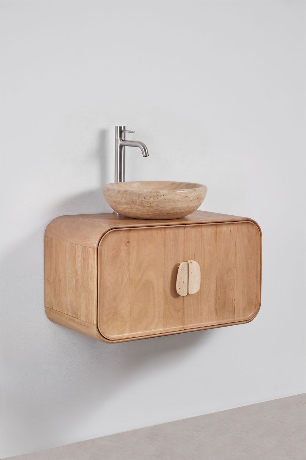 Ensemble de meuble de salle de bain suspendu 95x45 cm en bois de manguier et pierre naturelle Kivalina, image de la galerie 4