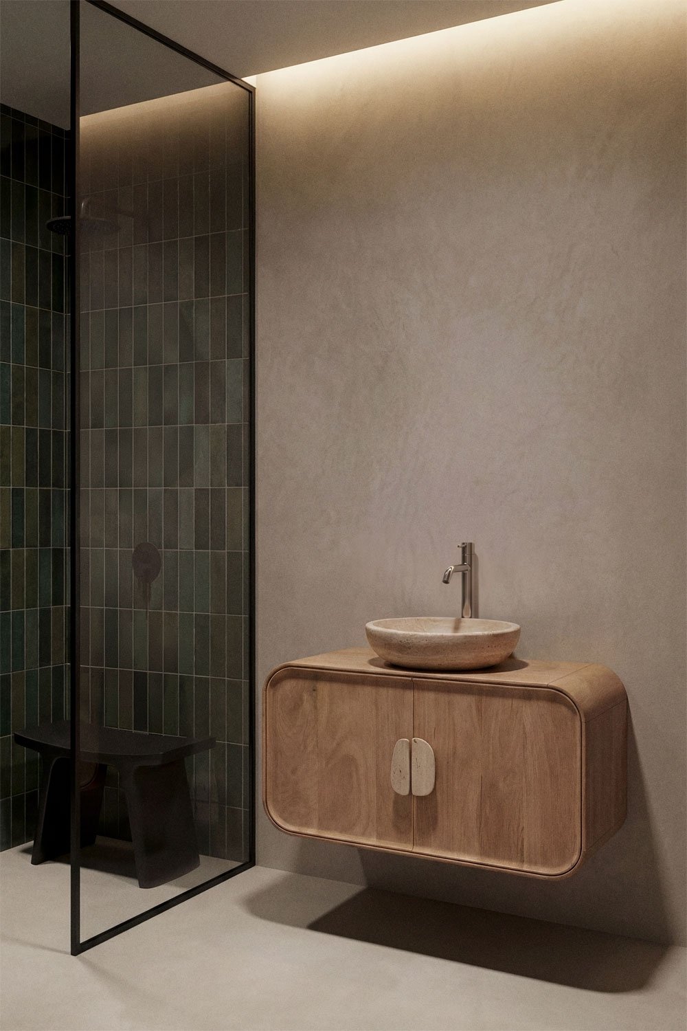Ensemble de meuble de salle de bain suspendu 95x45 cm en bois de manguier et pierre naturelle Kivalina, image de la galerie 1