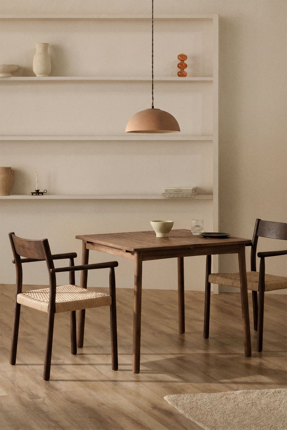 Table à manger extensible 100-160x100 cm en bois d'acacia Karvia, image de la galerie 1