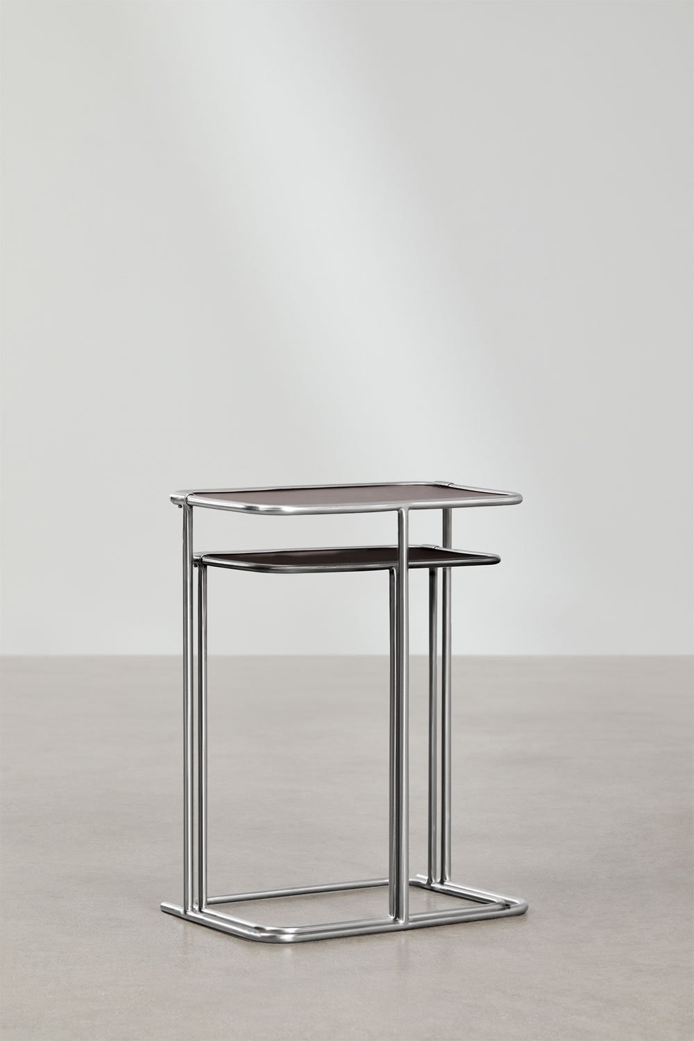 Tables d'appoint gigognes rectangulaires en cuir et acier inoxydable Dravena, image de la galerie 4