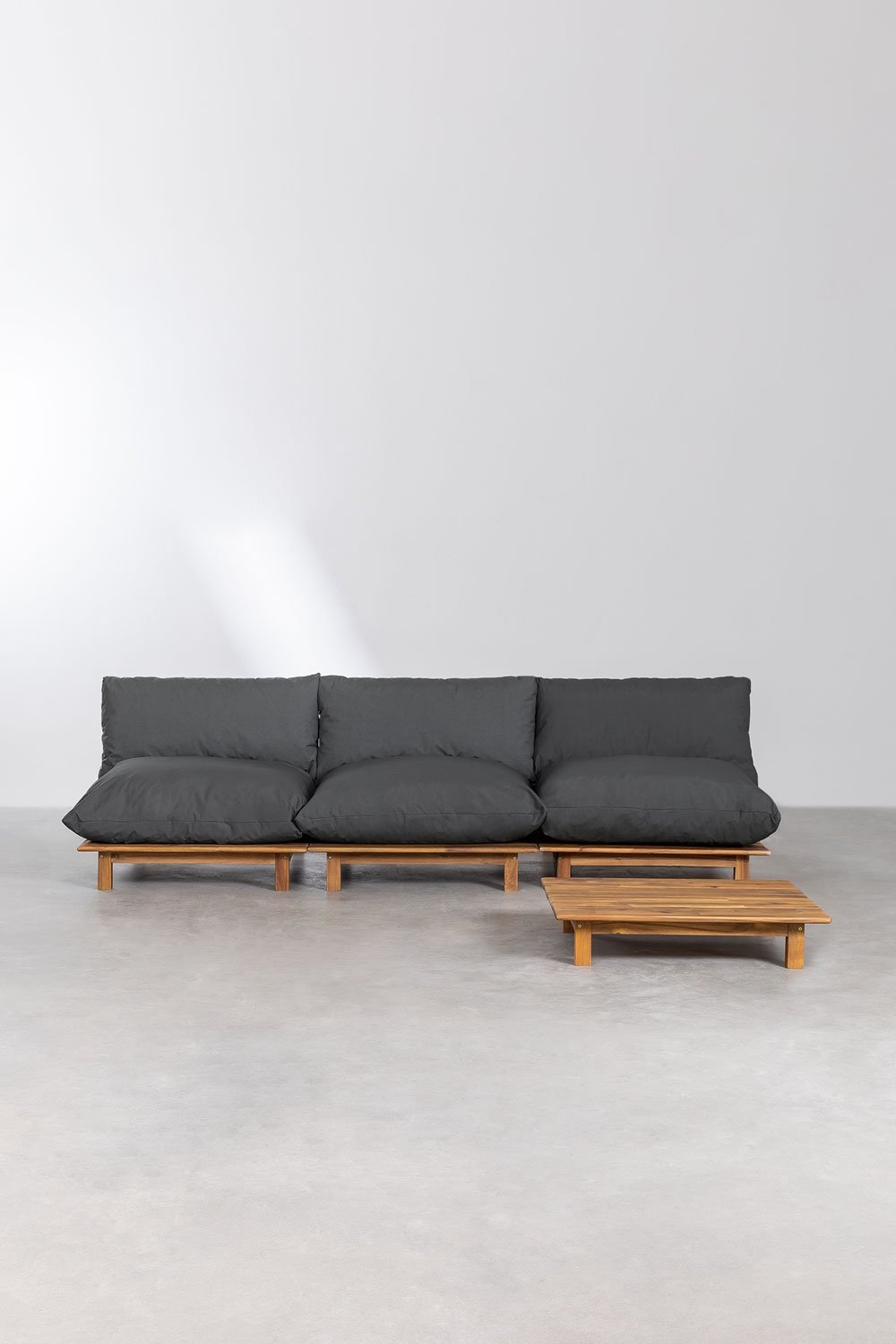 Ensemble de jardin avec canapé modulaire inclinable 3 pièces et table basse en bois d'acacia Brina, image de la galerie 4