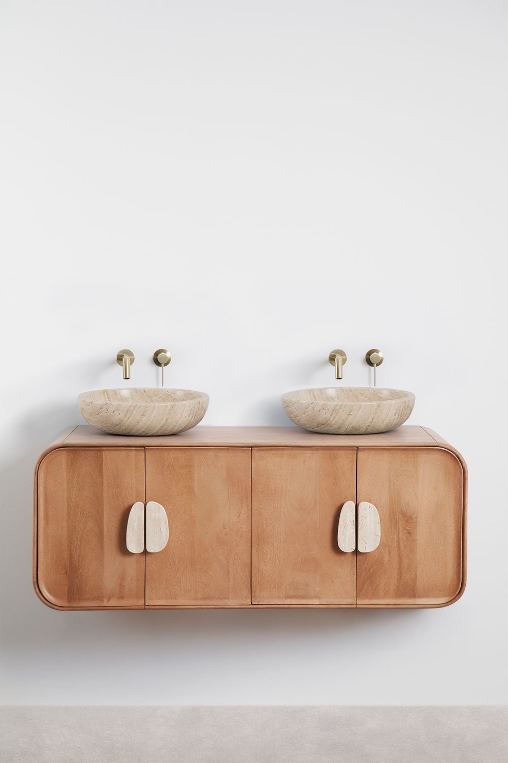 Ensemble meuble de salle de bain double suspendu 130x45 cm en bois de manguier et pierre naturelle Kivalina, image de la galerie 2