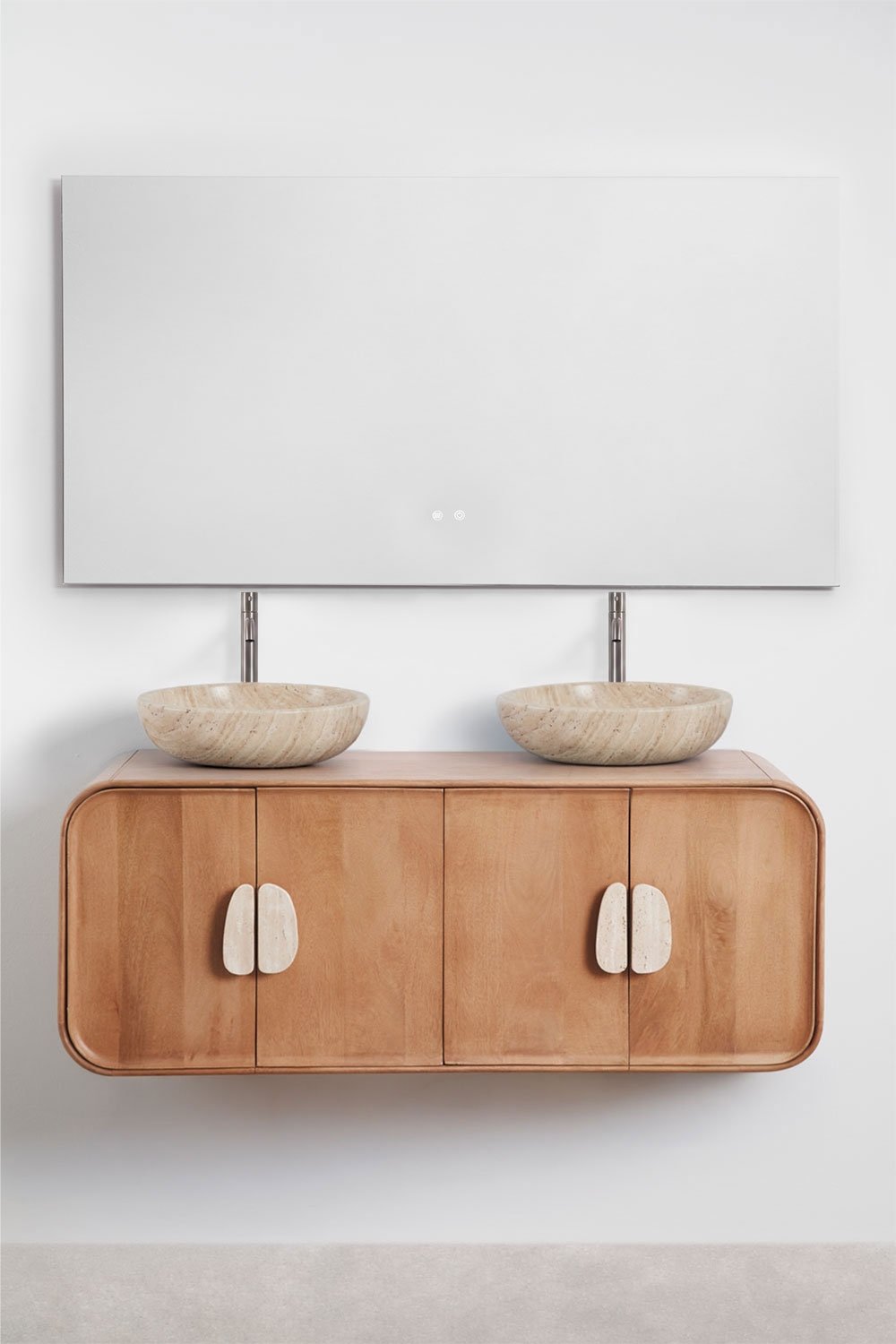 Ensemble meuble de salle de bain double suspendu 130x45 cm en bois de manguier et pierre naturelle Kivalina, image de la galerie 2