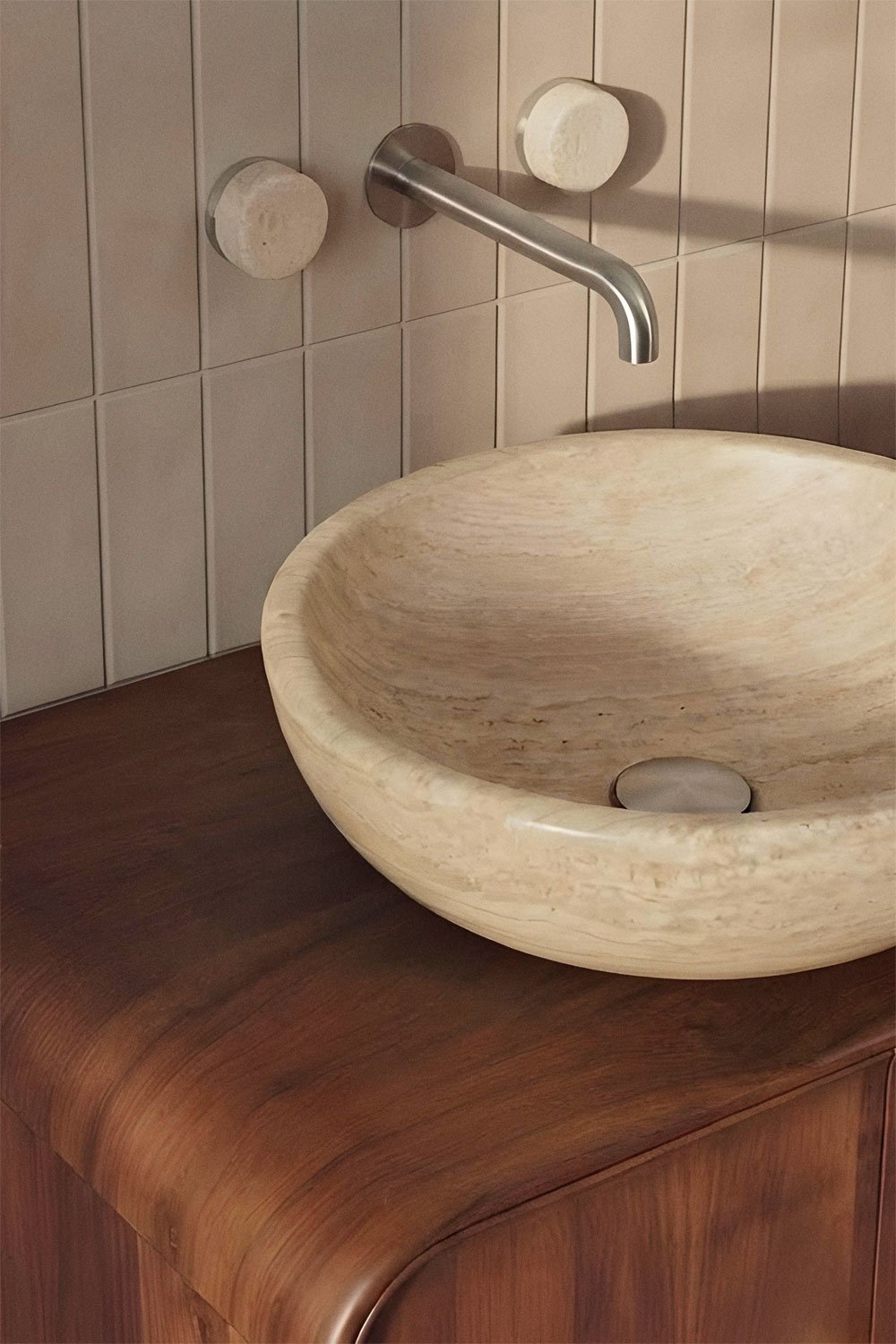 Ensemble meuble de salle de bain double suspendu 130x45 cm en bois de manguier et pierre naturelle Kivalina, image de la galerie 2