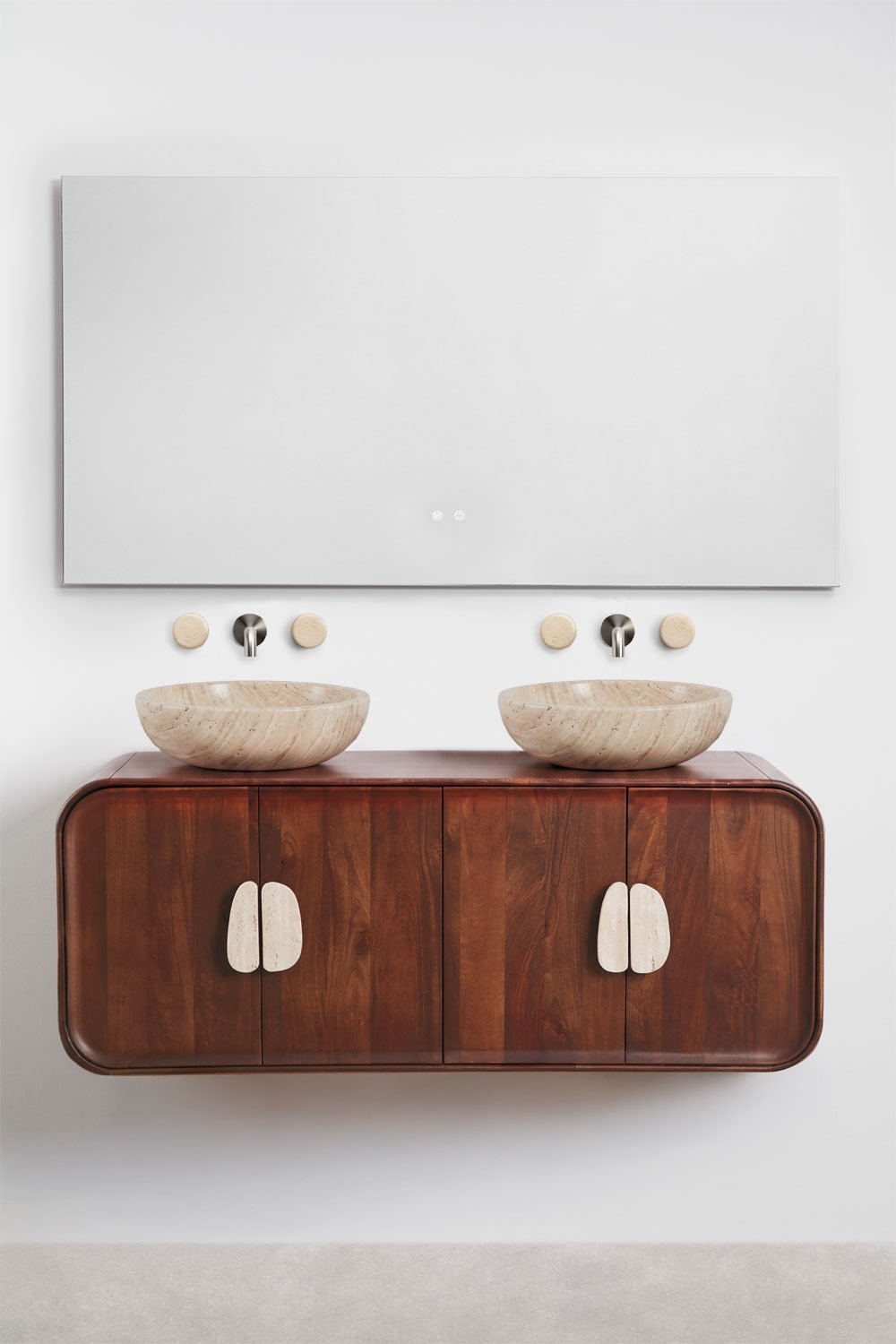 Ensemble meuble de salle de bain double suspendu 130x45 cm en bois de manguier et pierre naturelle Kivalina, image de la galerie 3
