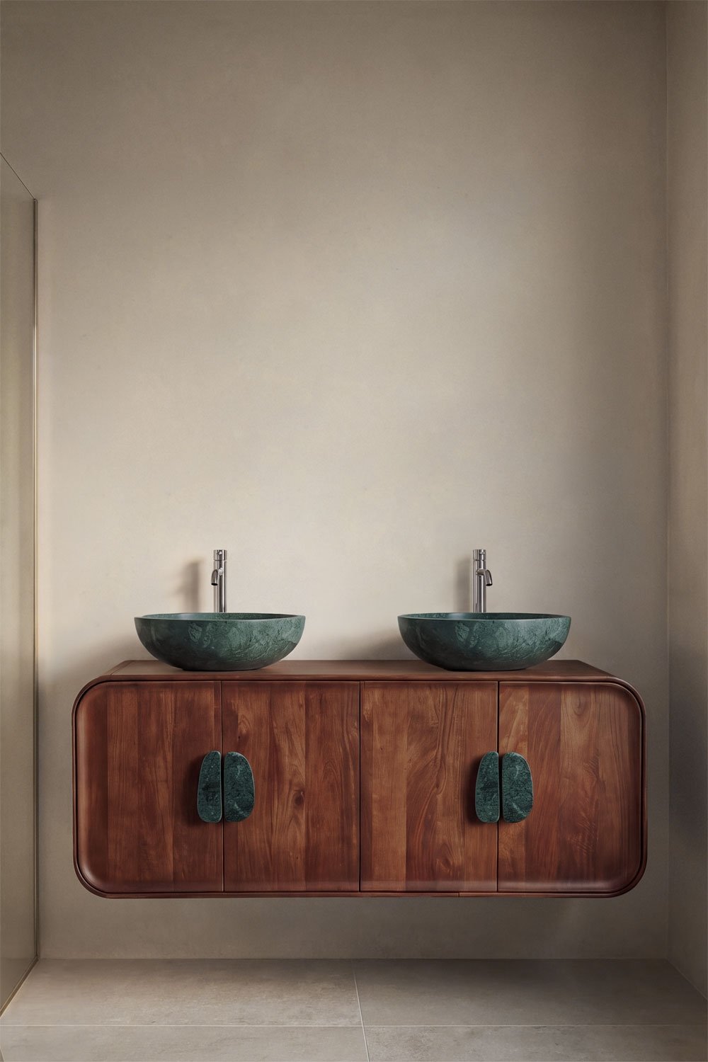 Ensemble meuble de salle de bain double suspendu 130x45 cm en bois de manguier et pierre naturelle Kivalina, image de la galerie 1