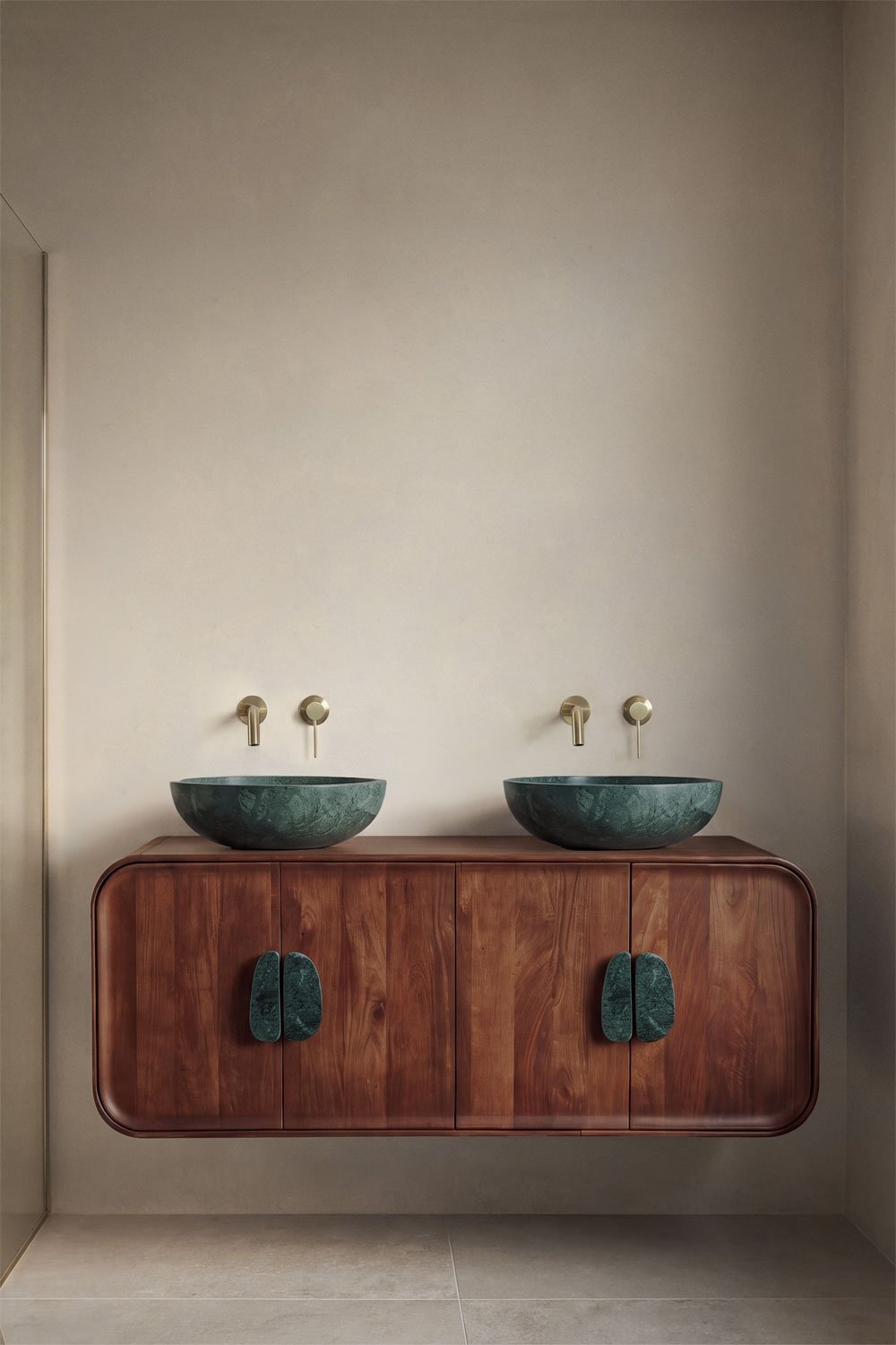 Ensemble meuble de salle de bain double suspendu 130x45 cm en bois de manguier et pierre naturelle Kivalina, image de la galerie 1