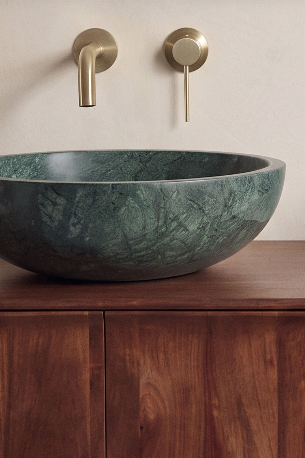 Ensemble meuble de salle de bain double suspendu 130x45 cm en bois de manguier et pierre naturelle Kivalina, image de la galerie 2