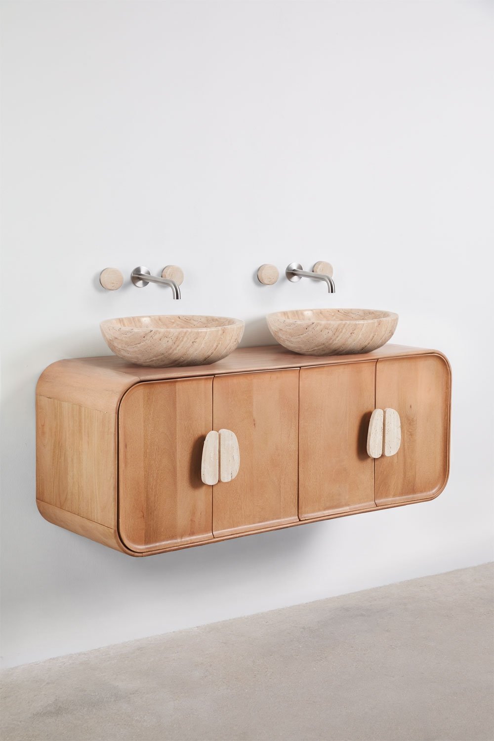 Ensemble meuble de salle de bain double suspendu 130x45 cm en bois de manguier et pierre naturelle Kivalina, image de la galerie 3