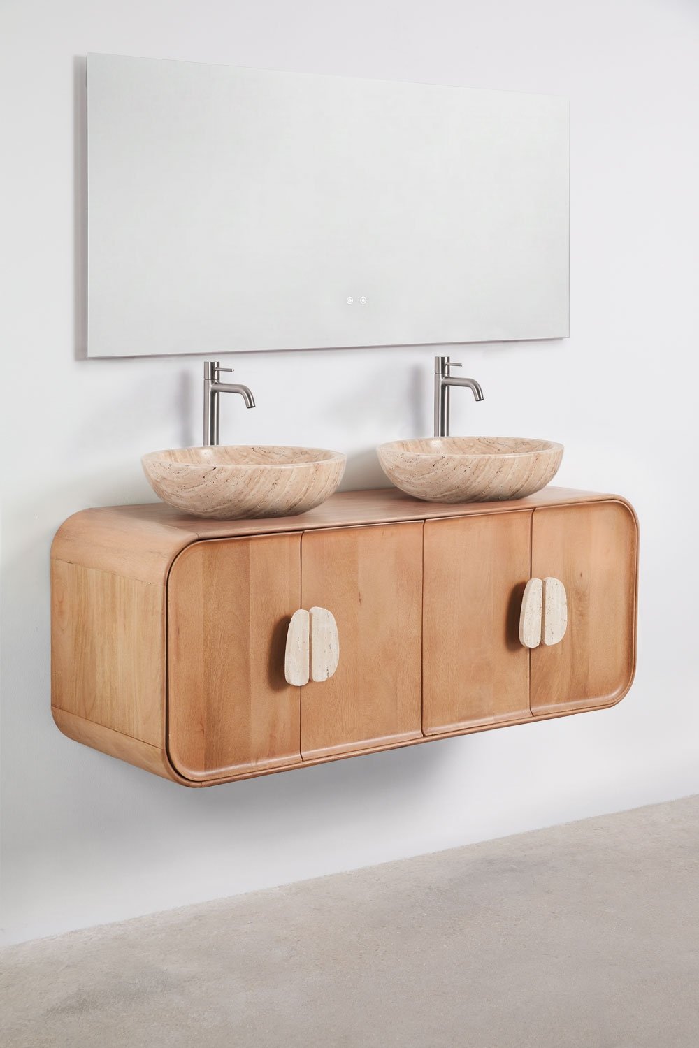 Ensemble meuble de salle de bain double suspendu 130x45 cm en bois de manguier et pierre naturelle Kivalina, image de la galerie 3