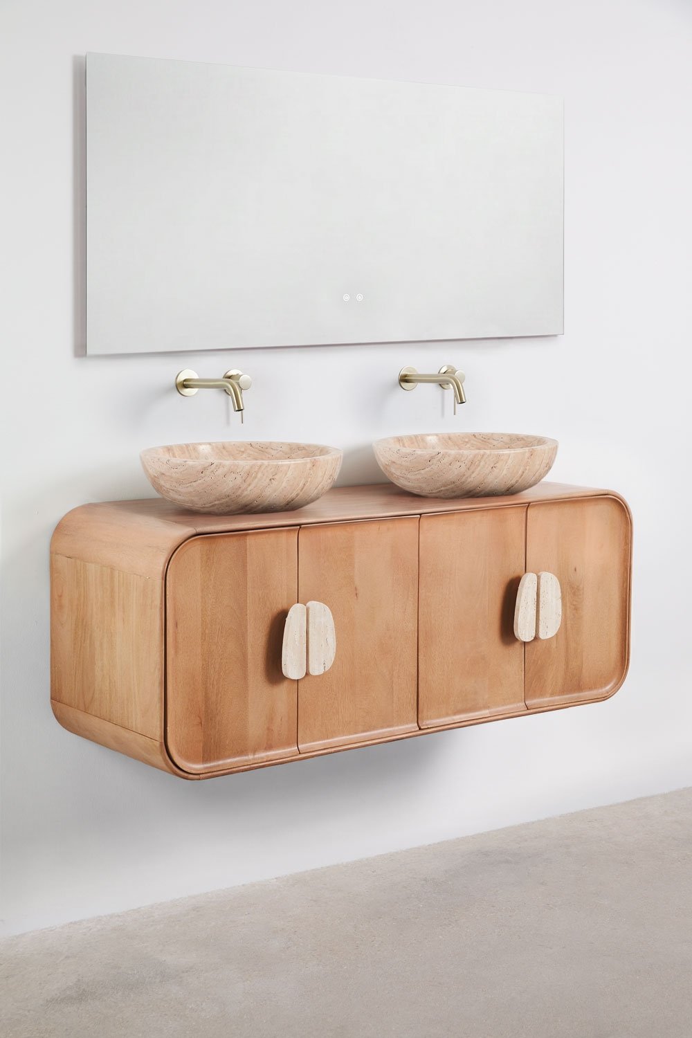 Ensemble meuble de salle de bain double suspendu 130x45 cm en bois de manguier et pierre naturelle Kivalina, image de la galerie 3
