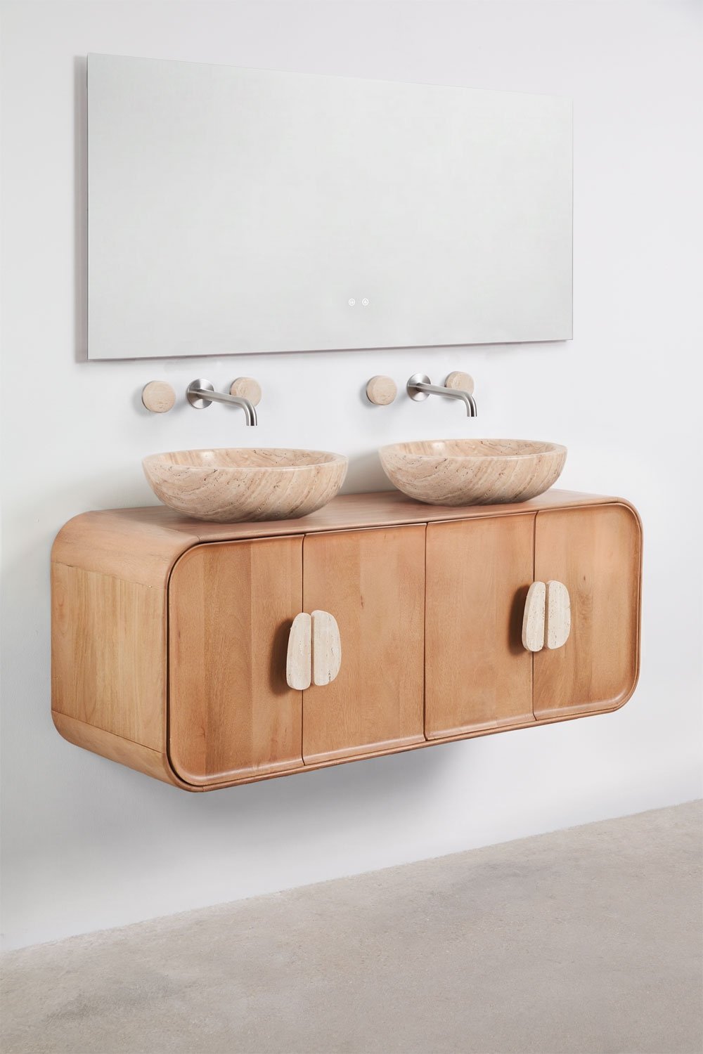 Ensemble meuble de salle de bain double suspendu 130x45 cm en bois de manguier et pierre naturelle Kivalina, image de la galerie 3