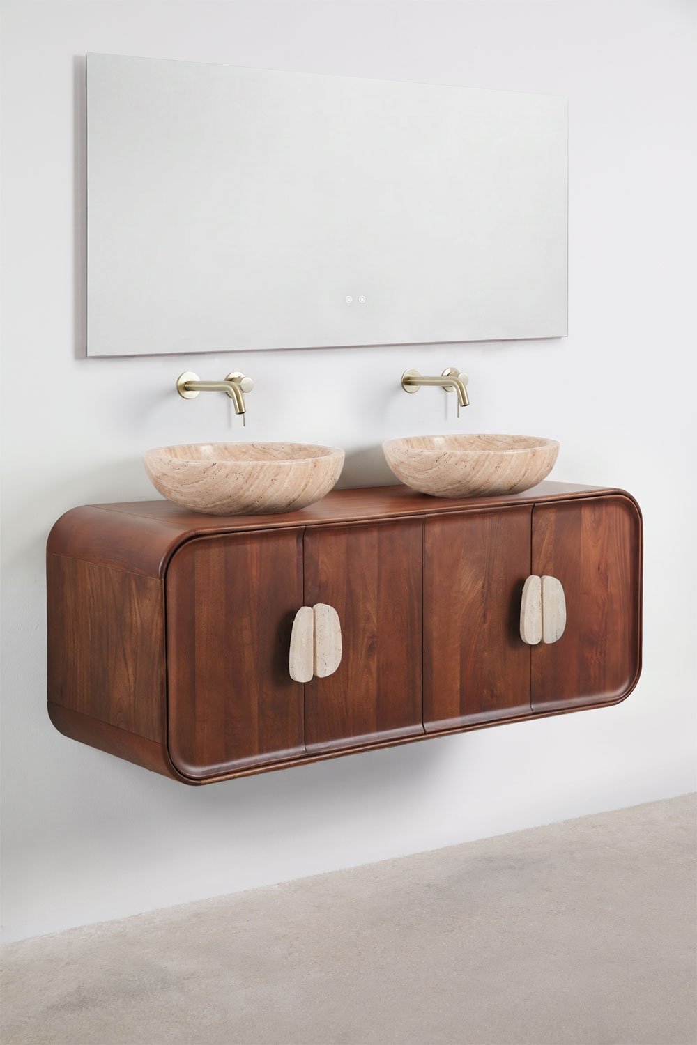 Ensemble meuble de salle de bain double suspendu 130x45 cm en bois de manguier et pierre naturelle Kivalina, image de la galerie 4