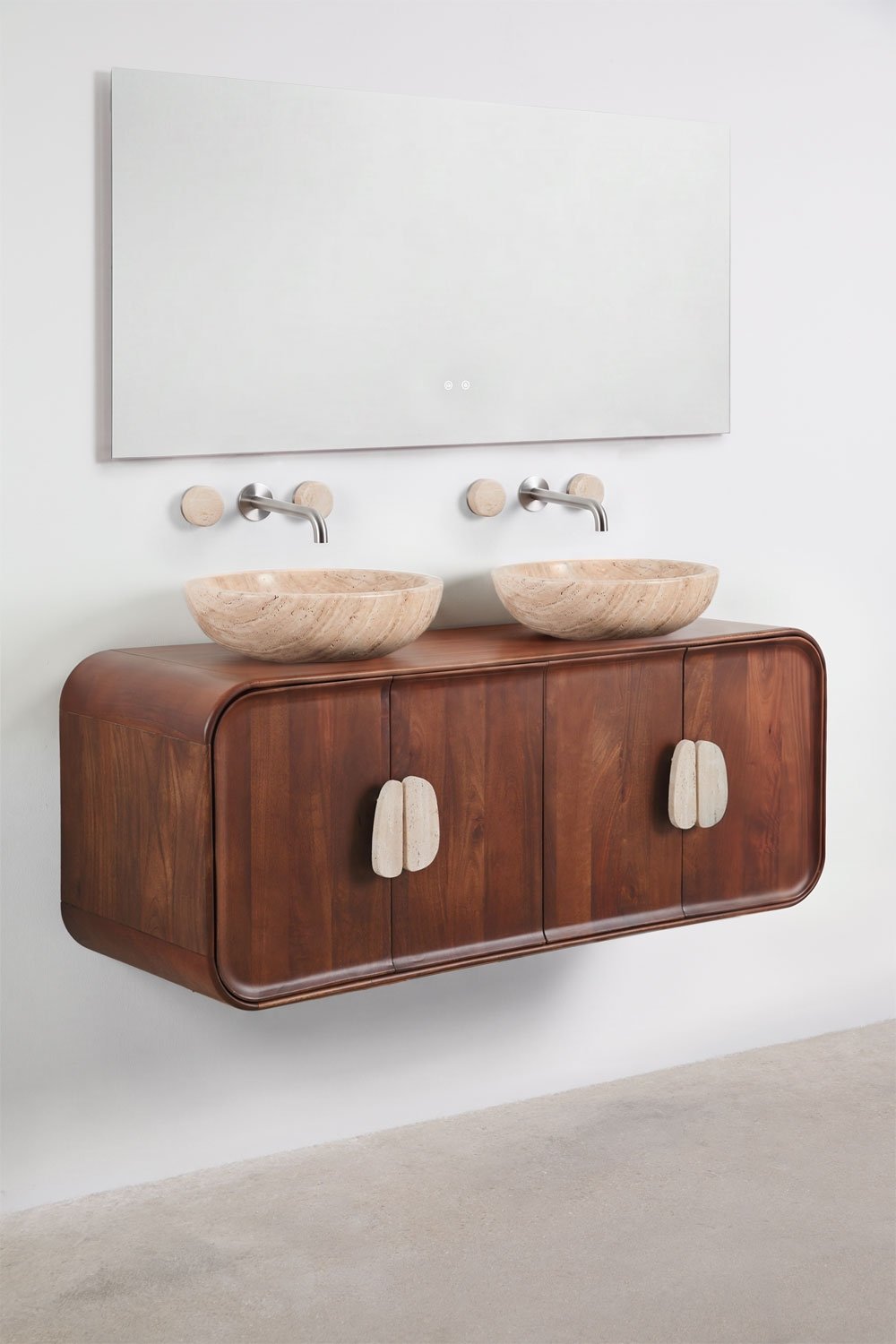 Ensemble meuble de salle de bain double suspendu 130x45 cm en bois de manguier et pierre naturelle Kivalina, image de la galerie 4