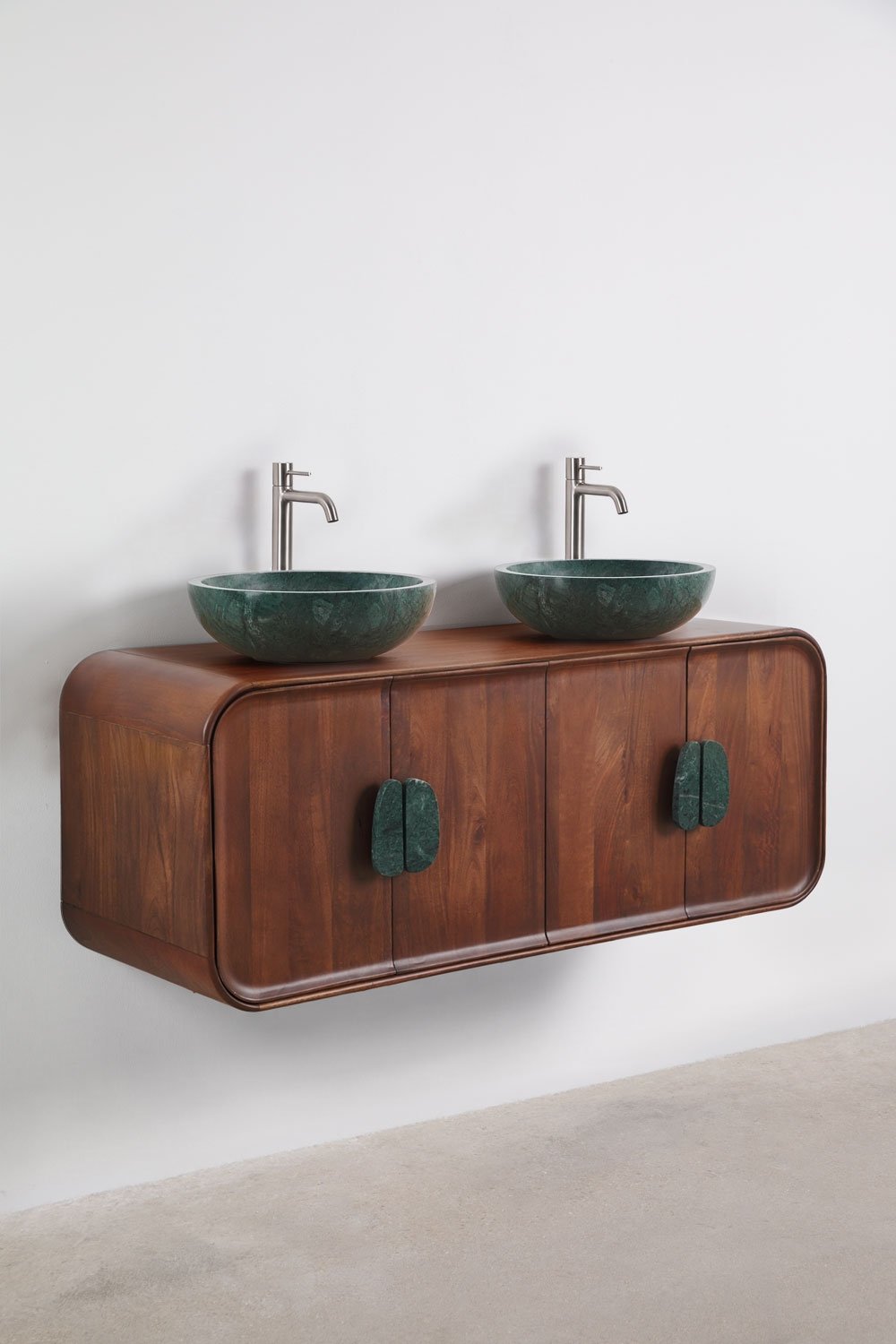 Ensemble meuble de salle de bain double suspendu 130x45 cm en bois de manguier et pierre naturelle Kivalina, image de la galerie 4