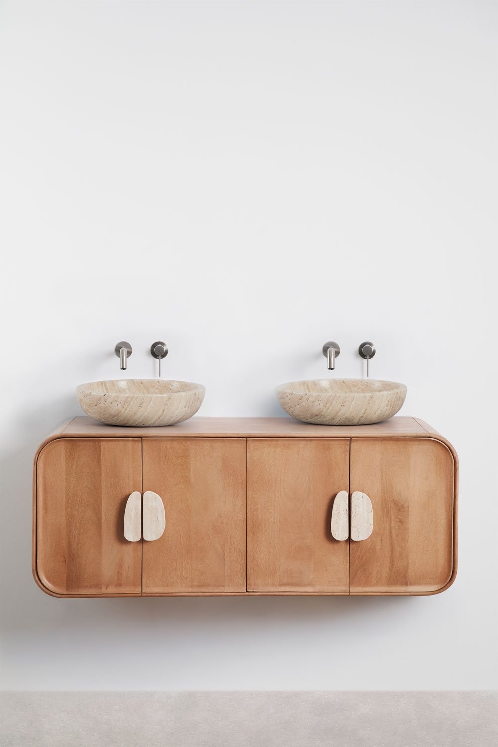 Ensemble meuble de salle de bain double suspendu 130x45 cm en bois de manguier et pierre naturelle Kivalina, image de la galerie 2
