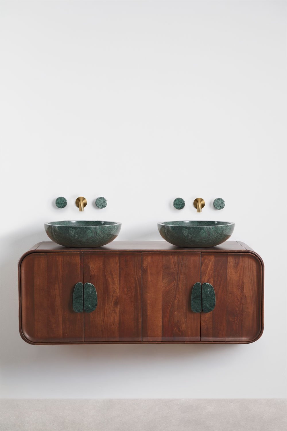 Ensemble meuble de salle de bain double suspendu 130x45 cm en bois de manguier et pierre naturelle Kivalina, image de la galerie 1