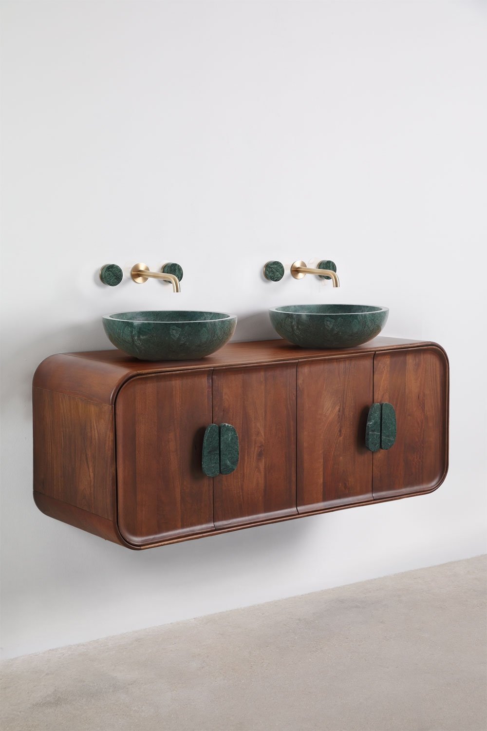 Ensemble meuble de salle de bain double suspendu 130x45 cm en bois de manguier et pierre naturelle Kivalina, image de la galerie 2