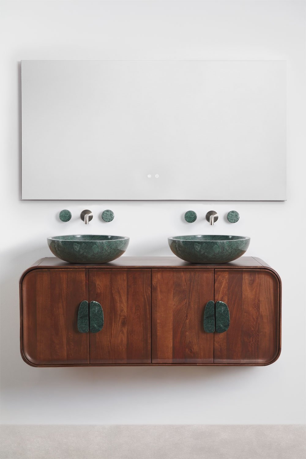 Ensemble meuble de salle de bain double suspendu 130x45 cm en bois de manguier et pierre naturelle Kivalina, image de la galerie 1