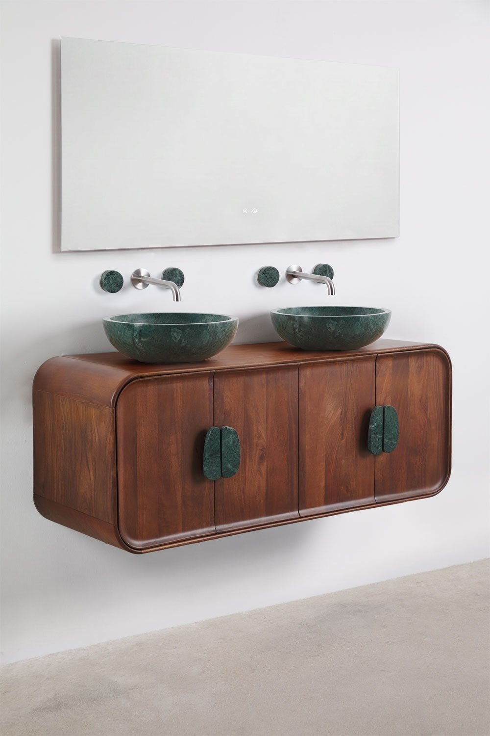 Ensemble meuble de salle de bain double suspendu 130x45 cm en bois de manguier et pierre naturelle Kivalina, image de la galerie 2