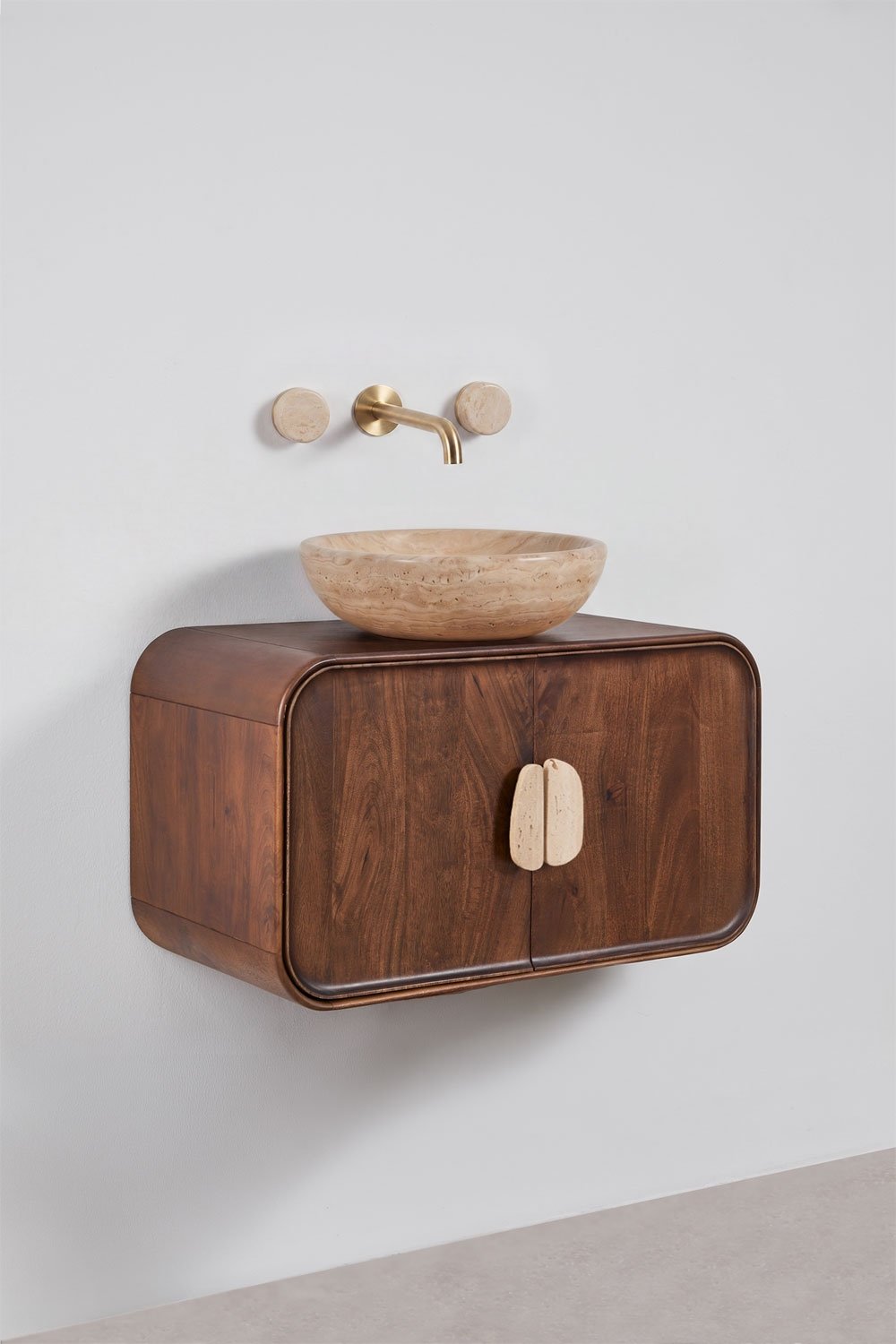 Ensemble meuble de salle de bain suspendu 95x45 cm en bois de manguier et pierre naturelle Kivalina, image de la galerie 2