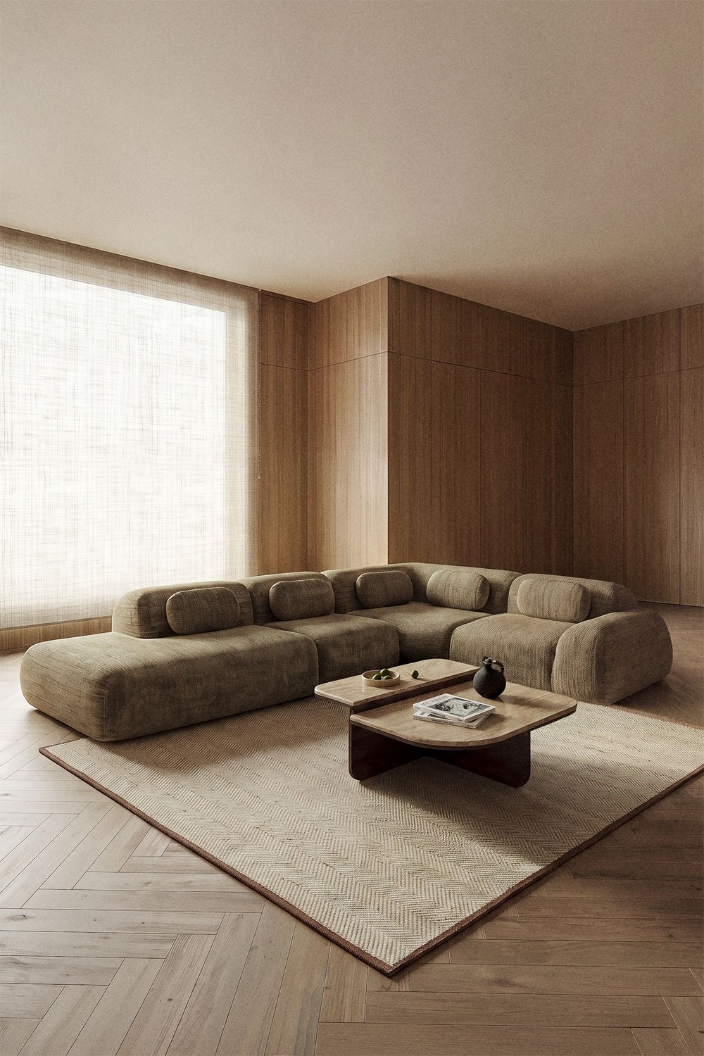 Canapé d'angle modulaire 4 pièces avec méridienne gauche en chenille emballé sous vide Mérida, image de la galerie 1