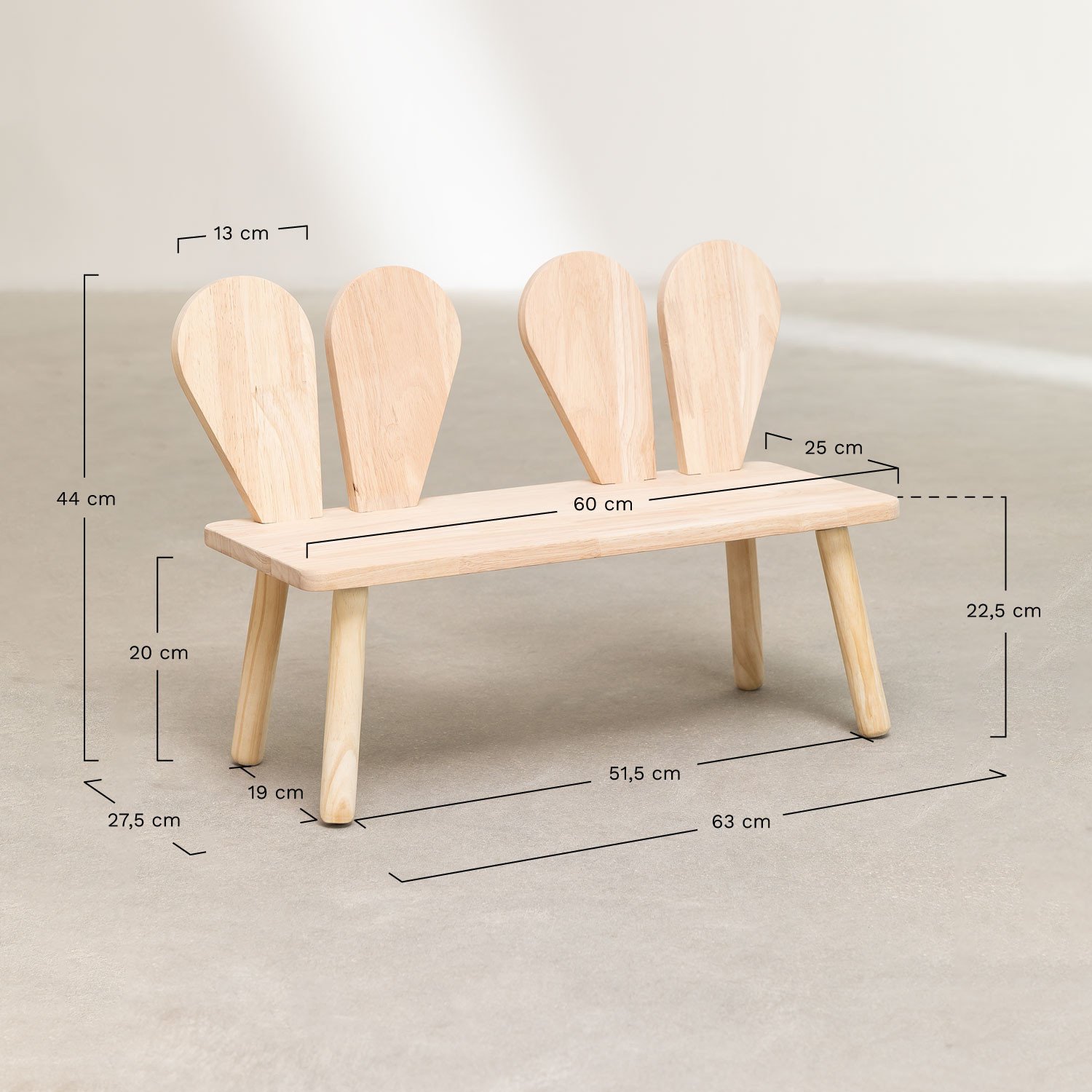 Buny Style Kids pine wood bench, medidas