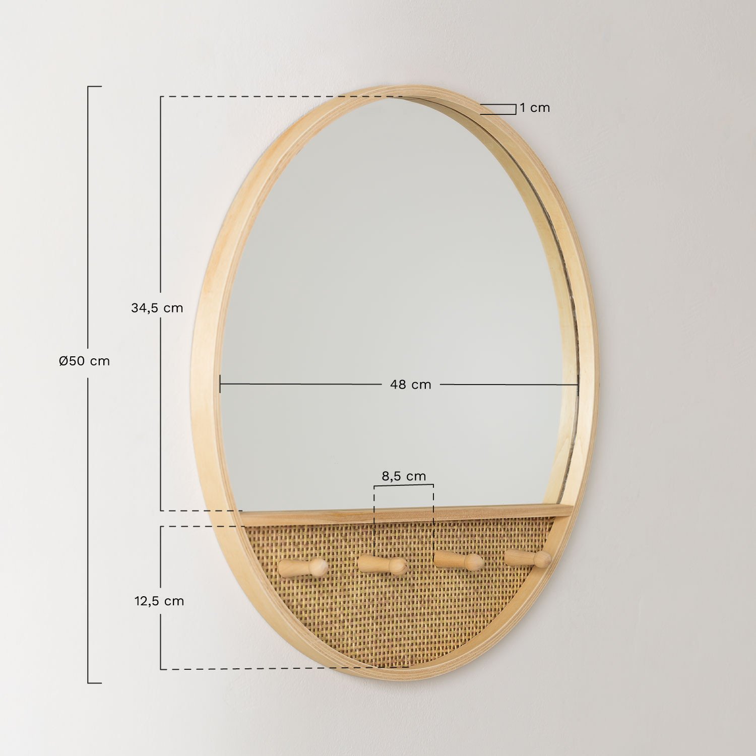 Wooden Round Wall Mirror with Hooks Tinka SKLUM