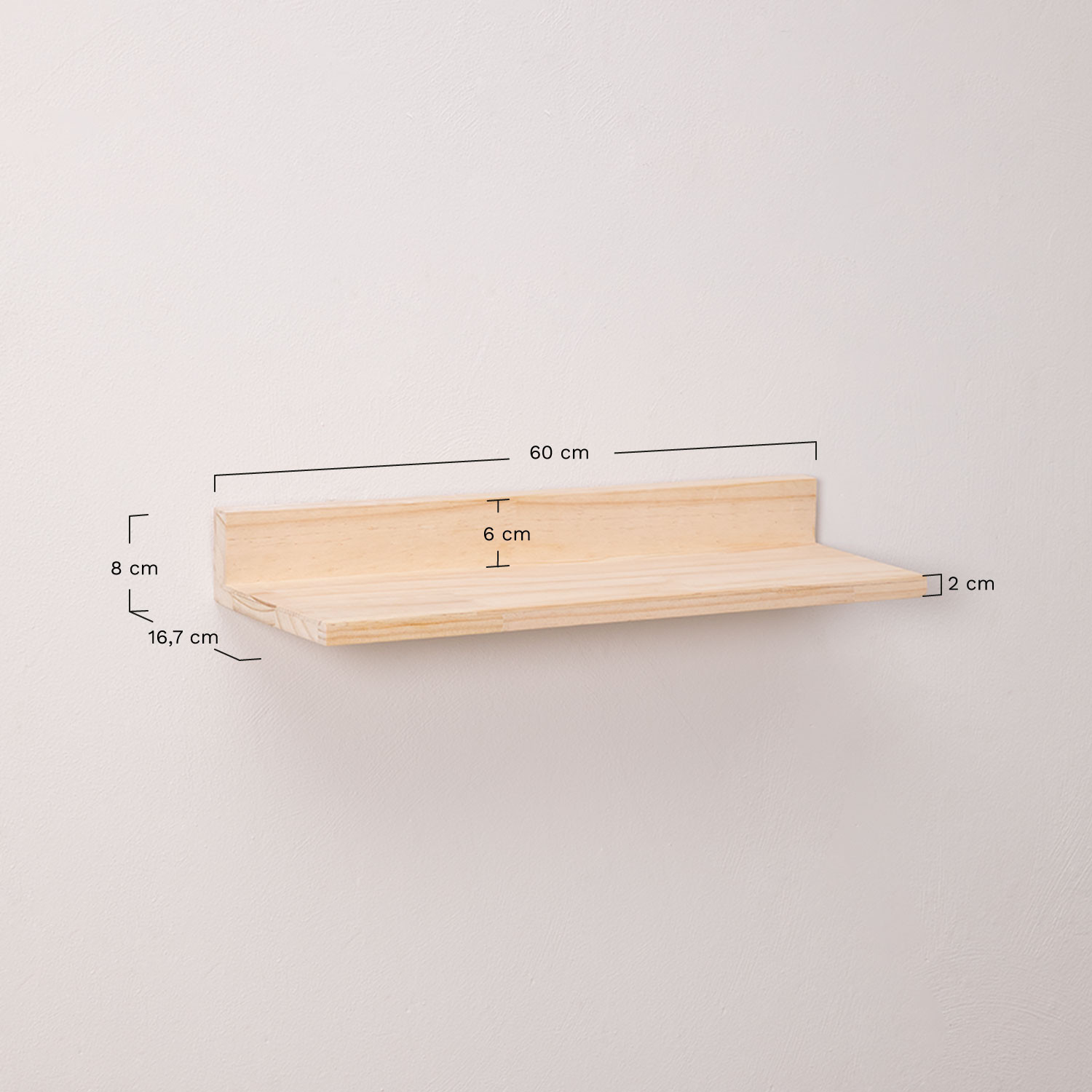 Set of 2 wall shelves 60 cm in pine wood Tydor, medidas