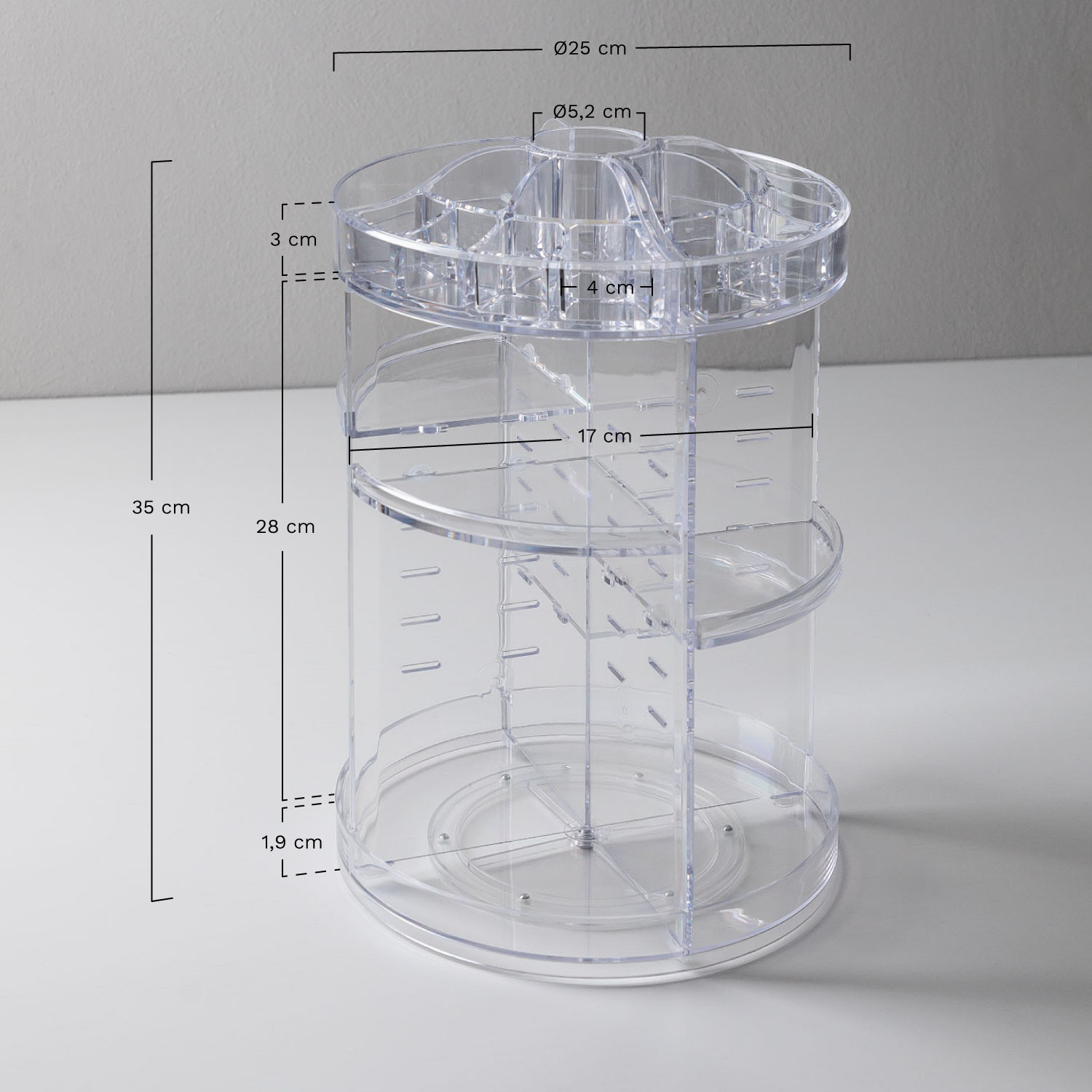 Rotating Makeup Organizer Leidi 360 °, medidas