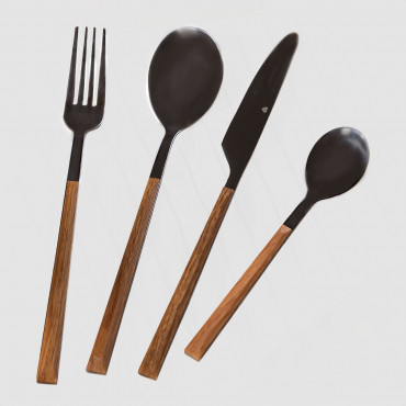 16 Pcs Wooden Effect Cutlery Priya Black - Sklum
