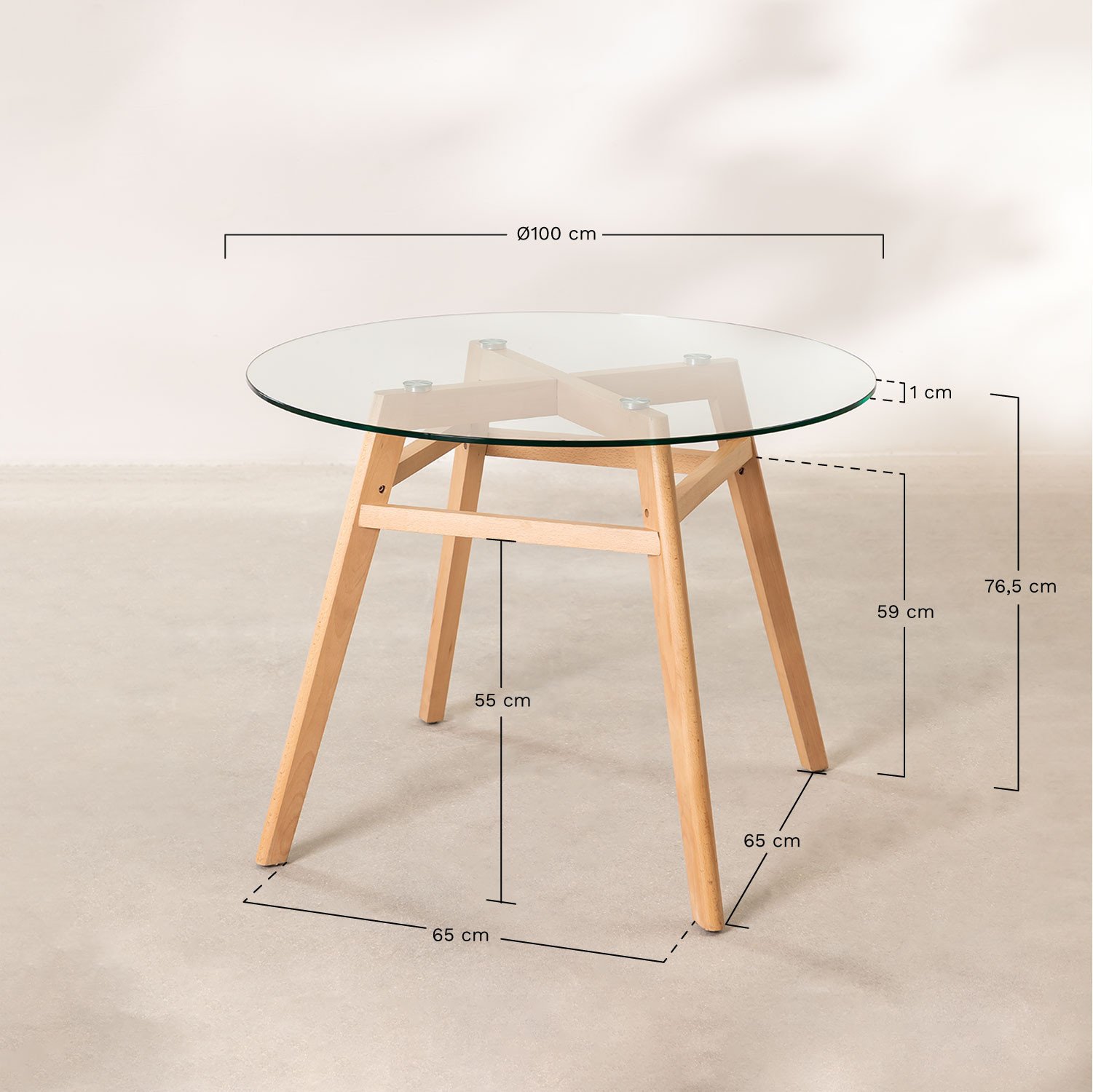 Round Dining Table in Glass and Beech Wood Scand Nordic, medidas