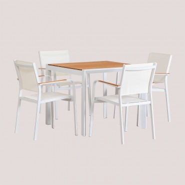 Square 90x90 Cm Table Set In Archer Classic Eucalyptus Wood And 4 Stackable Garden Chairs In Archer Aluminum Gardenia White - Sklum