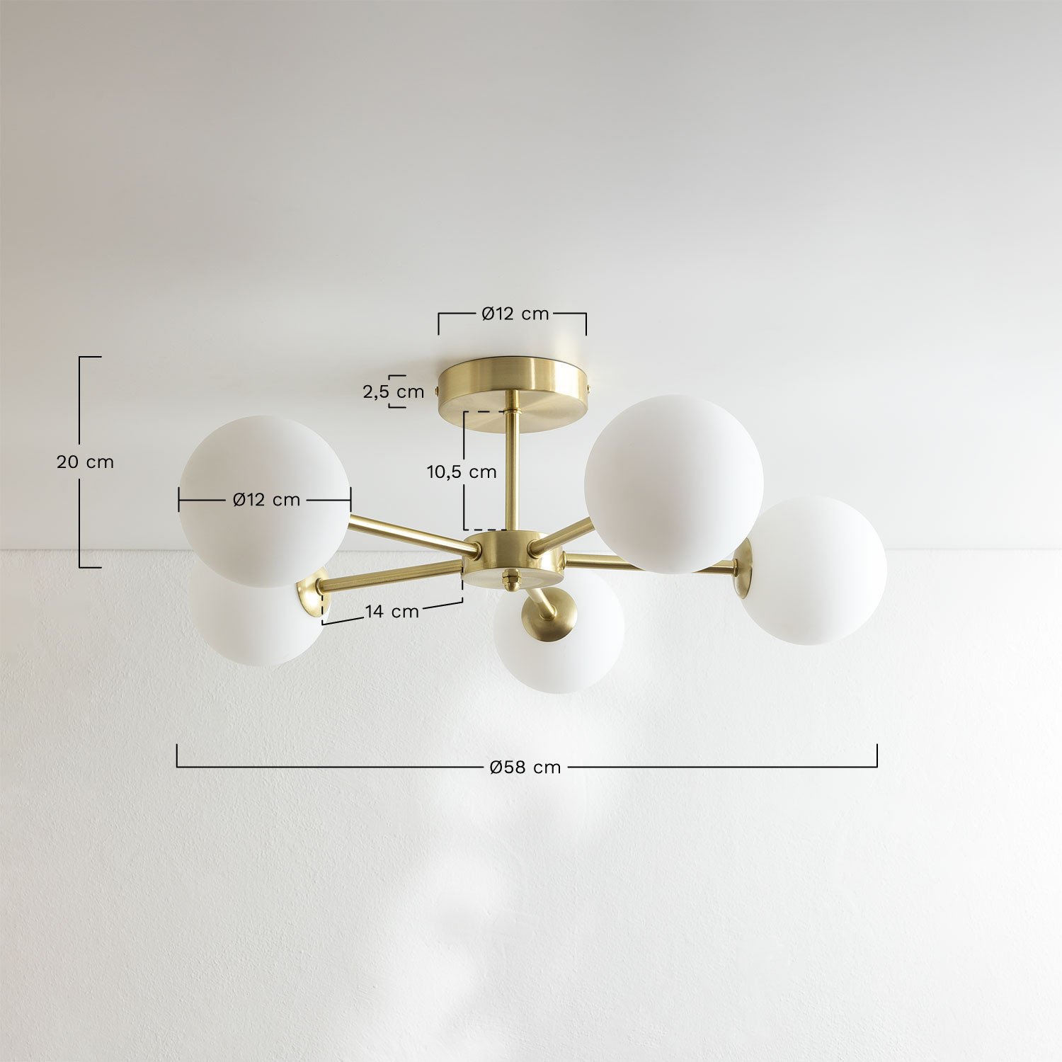 Ceiling lamp in iron and 5 glass balls Castefi, medidas