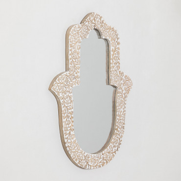 Hamsa Mango Wood Wall Mirror Vintage White Wood - Sklum