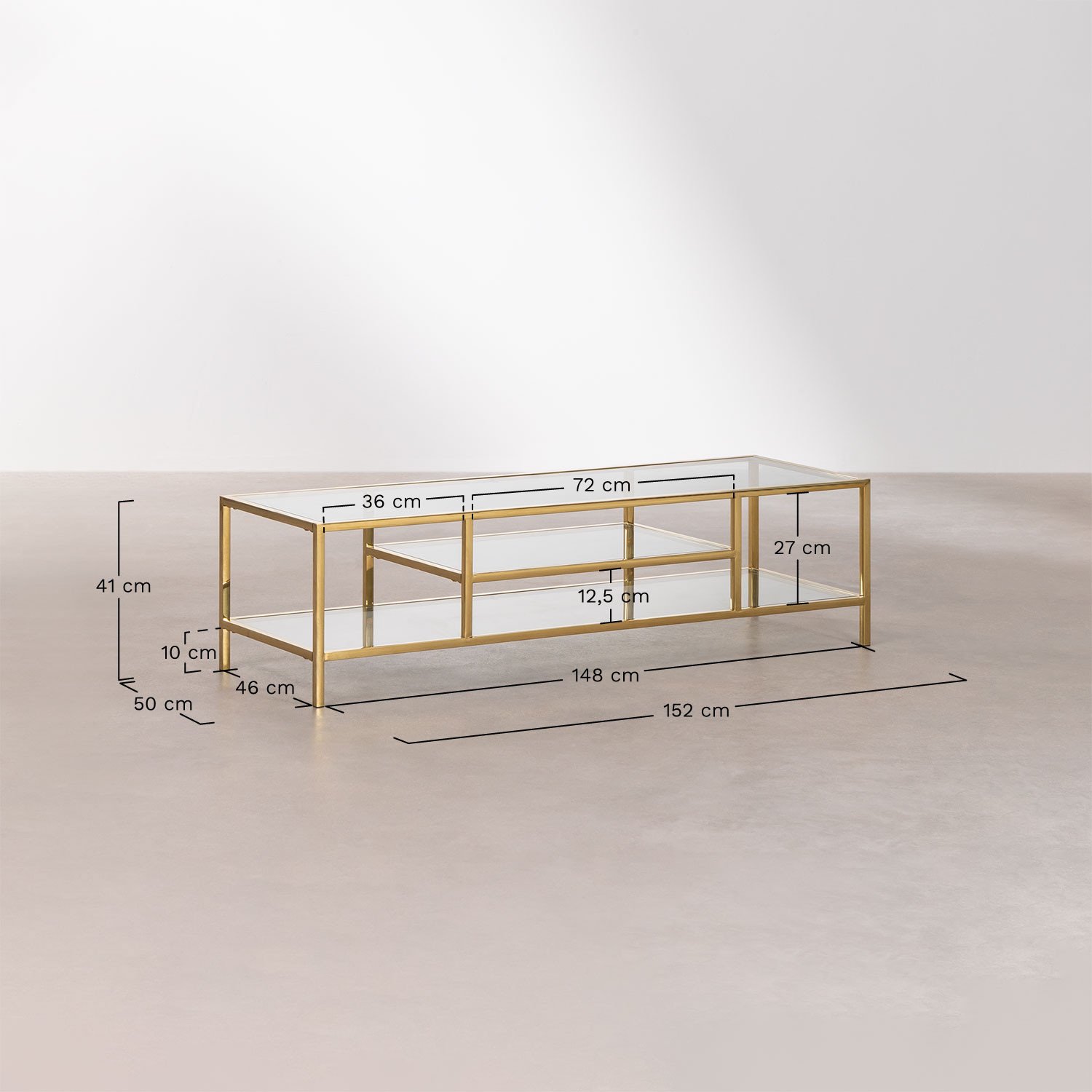 Amelia glass and steel TV stand, medidas