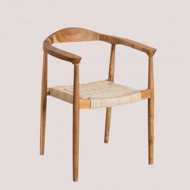 Kiemer Dining Chair Set Of 4 With Armrests In Rattan And Teak Wood Natural - Sklum