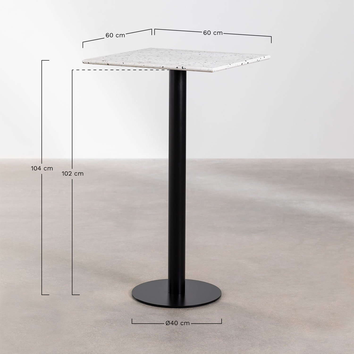Square 60x60 cm high bar table in Dolce terrazzo, medidas