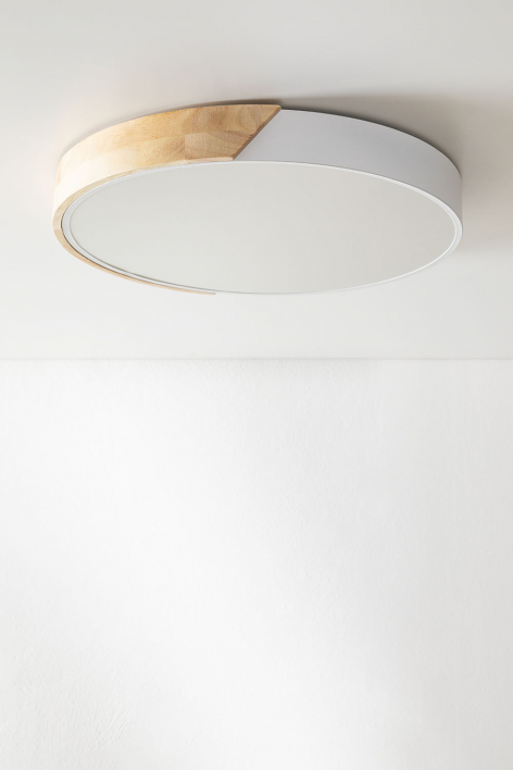 Jan round iron LED ceiling light - White - Natural Wood