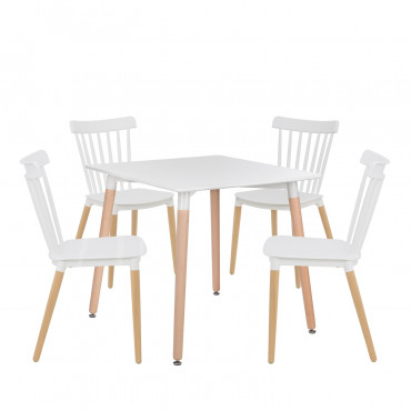 Square 80x80 Cm Table Set With 4 Beech Wood And Polypropylene Royal Chairs White - Sklum