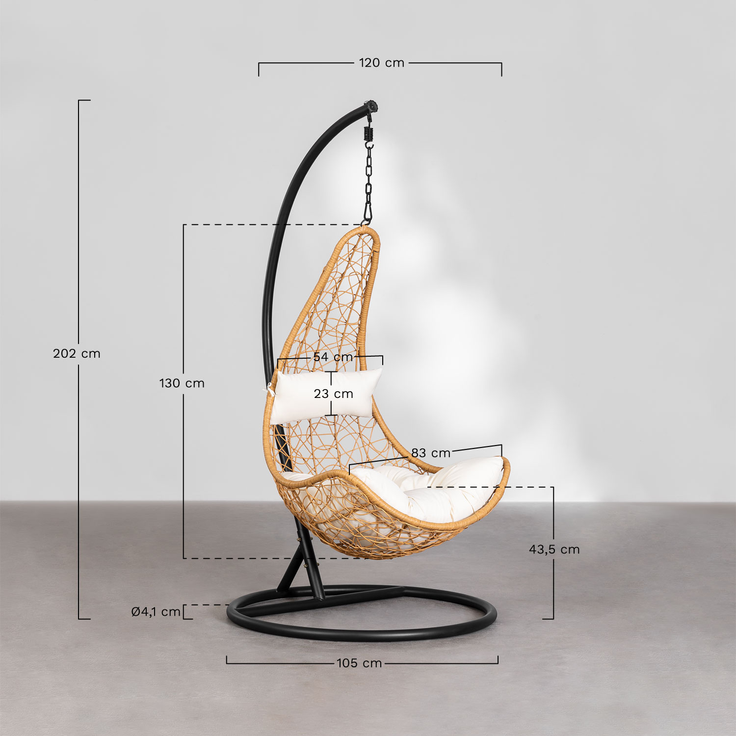 Danail hanging garden chair with cushion, medidas